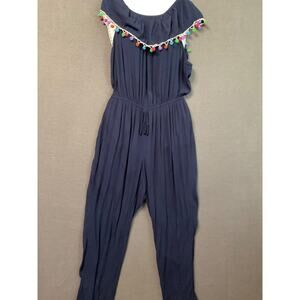 Toxik 3 1X Navy Wide Leg Jumpsuit Off Shoulder Bohemian Festival Style Stretch
